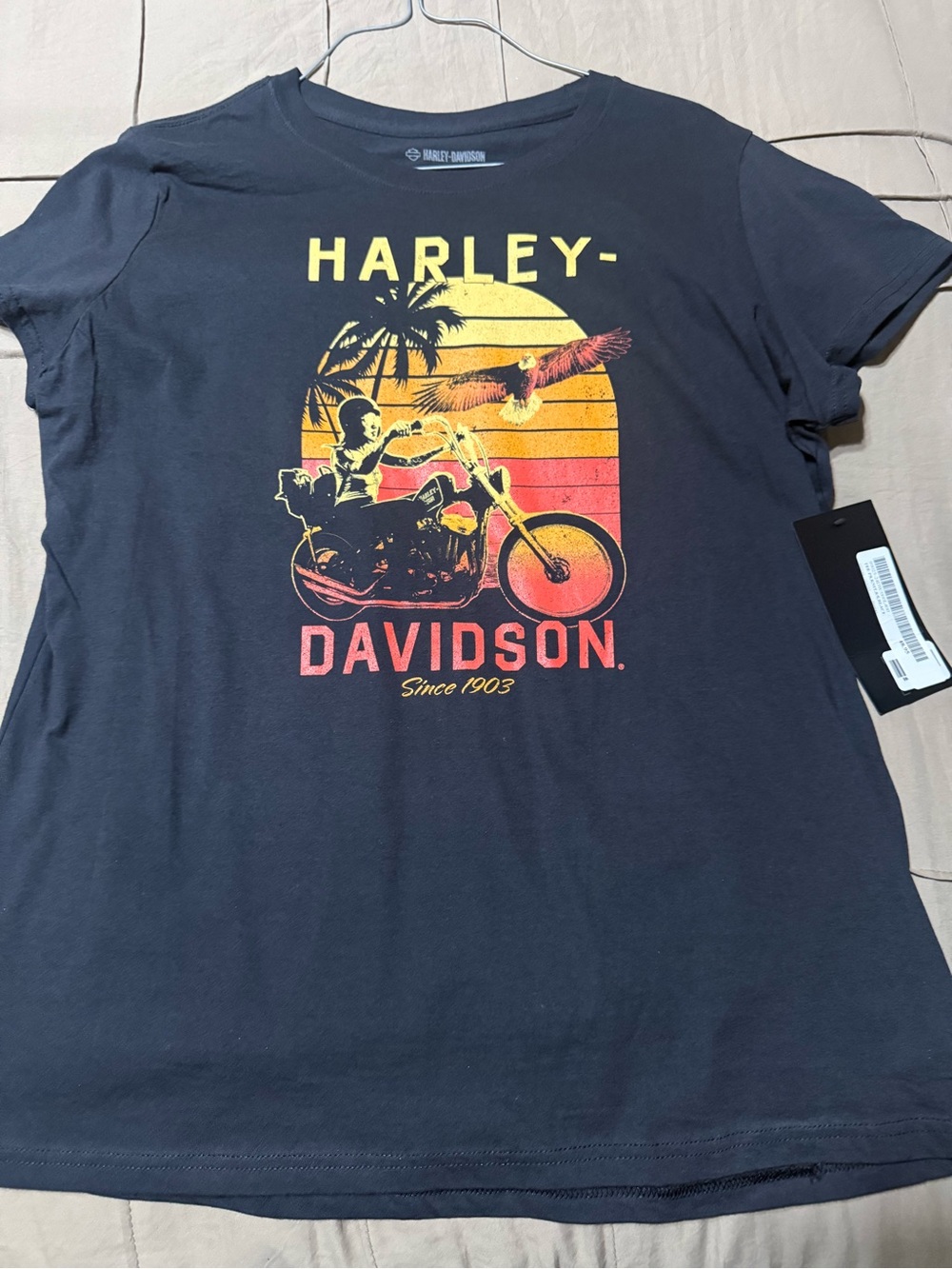 Harley-Davidson Black Kids Tee with Yellow & Red Sunset Motorcycle Graphic